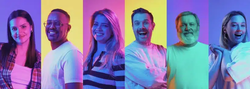 ChainNews Hub team — diverse group of people in colorful neon lighting